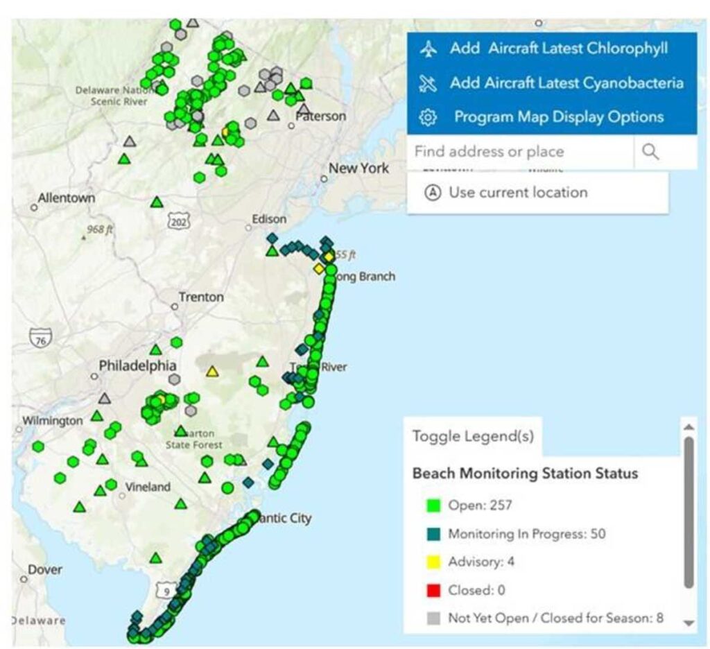 Map of NJ with symbols showing beach monitoring status.