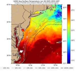 Map of Mid-Atlantic coast showing water temperatures at different locations