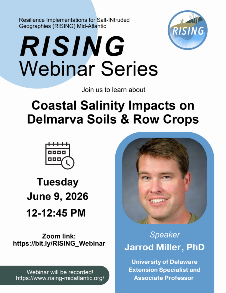 Flyer for webinar: Coastal Salinity Impacts on Delmarva Soils and Row Crops with Jarrod Miller, University of Delaware Extension Specialist and Associate Professor - June 9, 2026, noon - https://bit.ly/RISING_Webinar