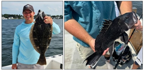The author with a summer flounder caught in Ocean County (left) and a black sea bass caught at an offshore reef (right, photo credits: Amelia Valente). 