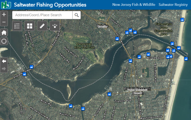 Screenshot of NJDEP’s Saltwater Fishing Opportunities map showing the fishing access points and marinas along the Manasquan River.