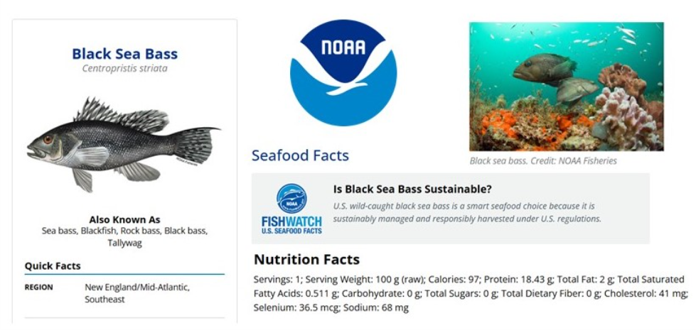 Seafood related information for black sea bass as taken from NOAA Sustainable Seafood Profile (https://www.fisheries.noaa.gov/species/black-sea-bass/seafood).