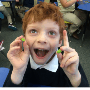A child playing with food items